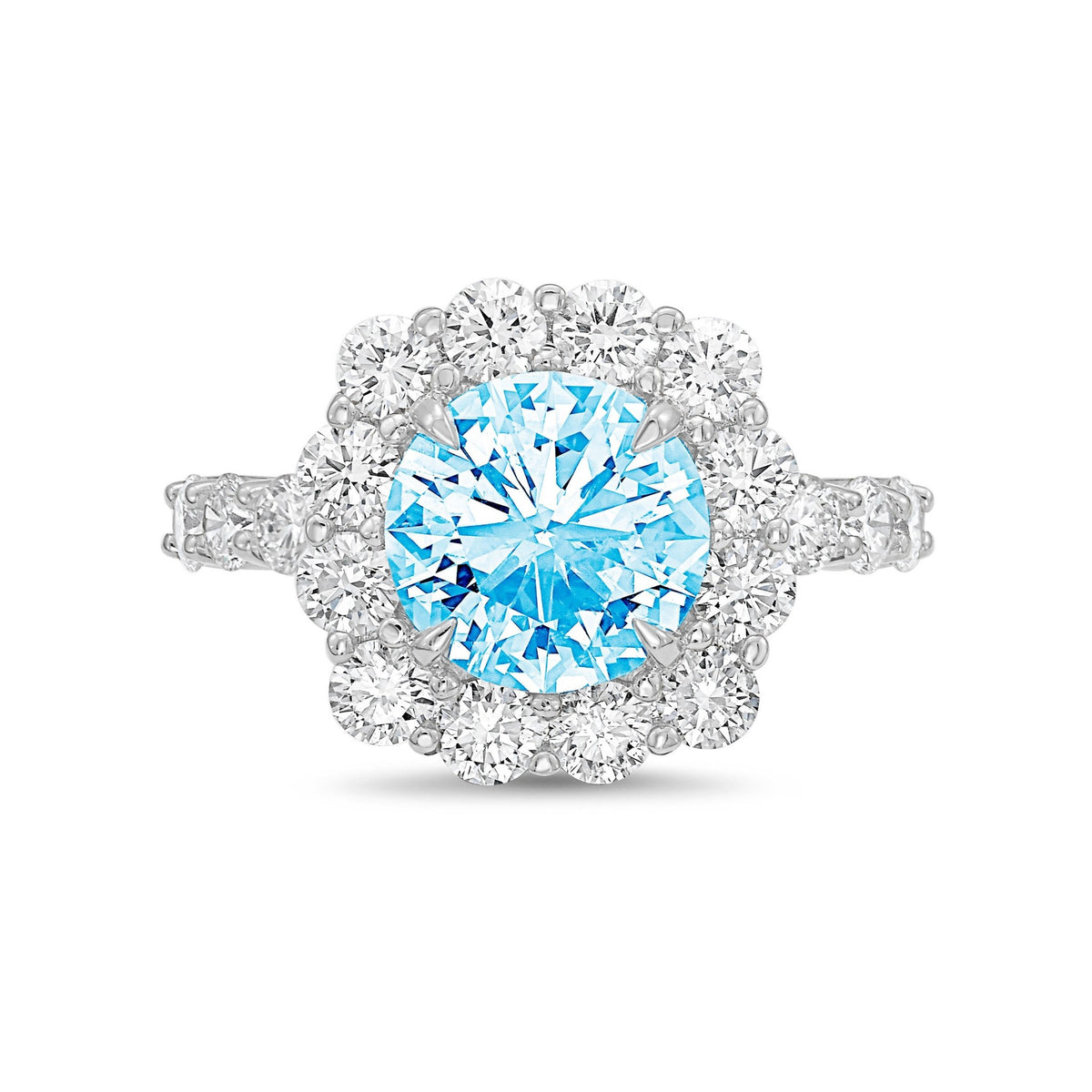 Lab-Grown Blue Round Diamond Ring with Accent Halo and Diamond Band in 14K White Gold