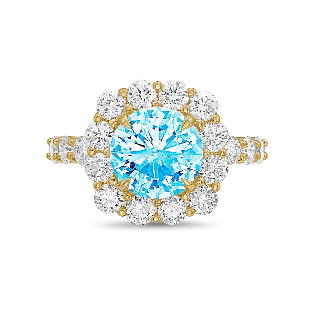 Lab-Grown Blue Round Diamond Ring with Accent Halo and Diamond Band in 14K Yellow Gold