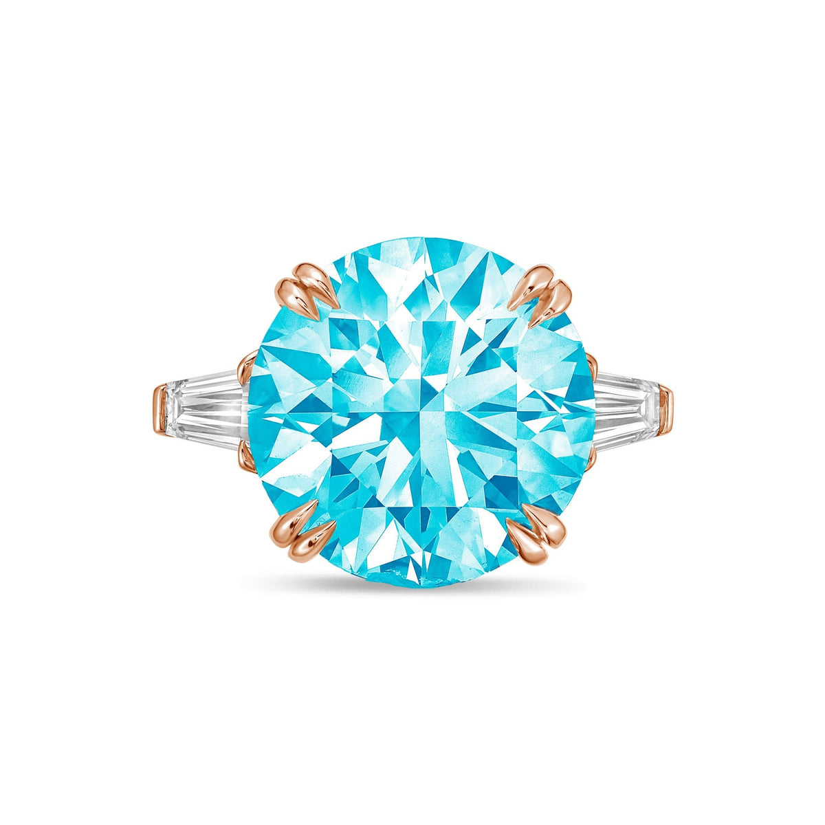 Lab-Grown Blue Round Diamond Ring with Baguettes, Double Claw in 14K Rose Gold