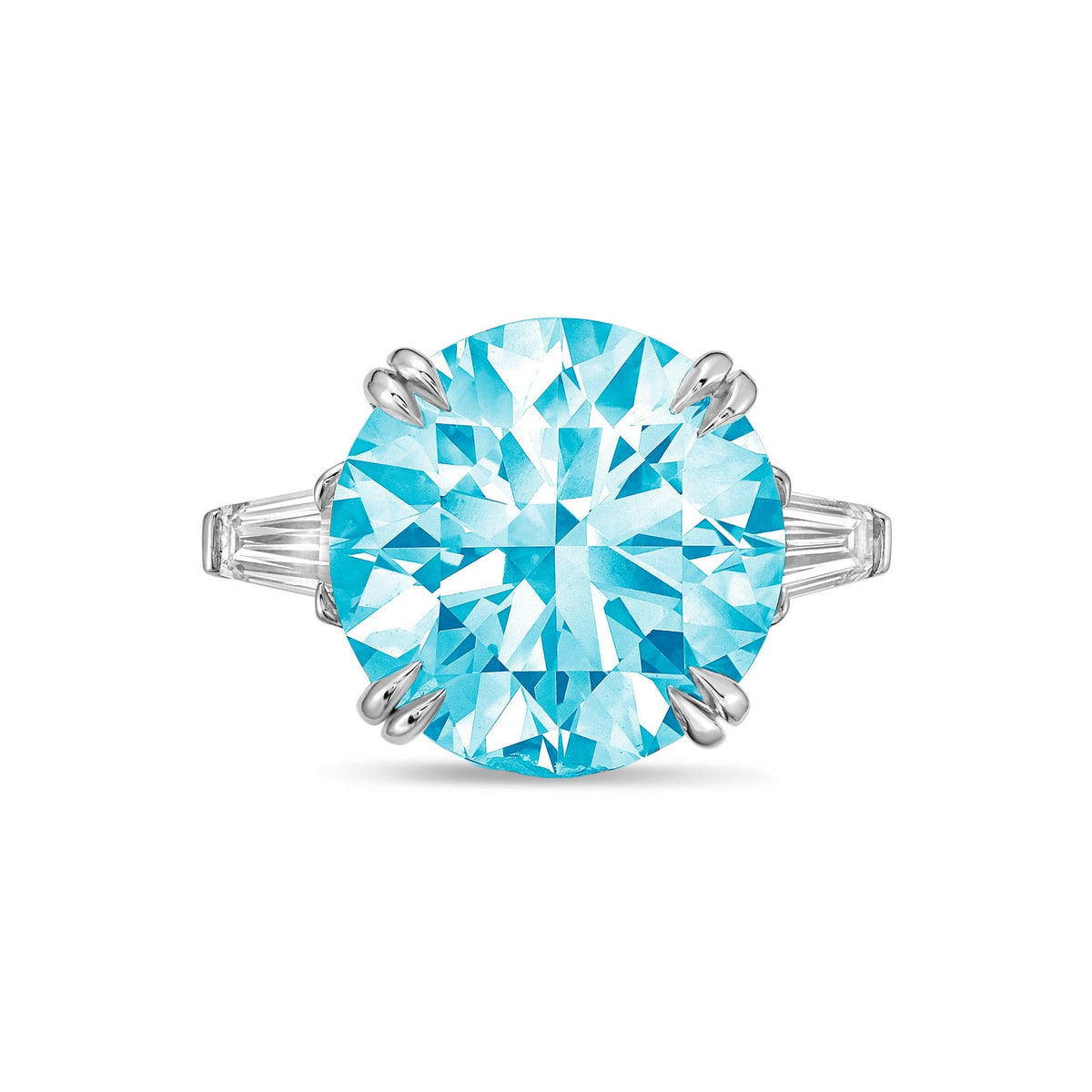 Lab-Grown Blue Round Diamond Ring with Baguettes, Double Claw in 14K White Gold