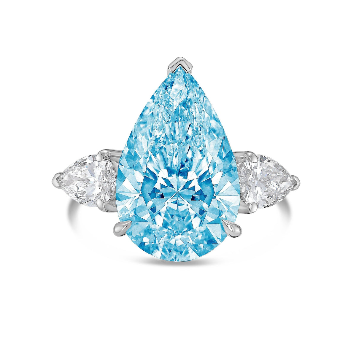 Lab-Grown Blue Three-Stone Pear Diamond Engagement Ring in 14K White Gold