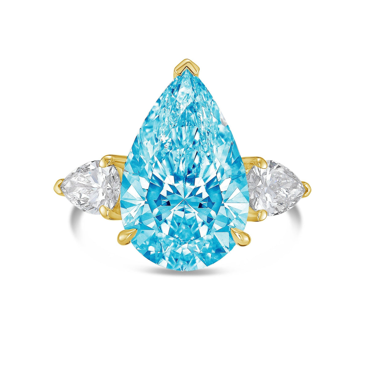 Lab-Grown Blue Three-Stone Pear Diamond Engagement Ring in 14K Yellow Gold
