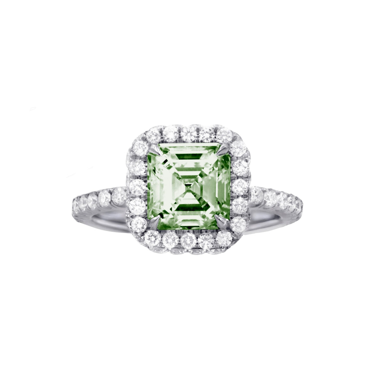 Lab-Grown Green Asscher Diamond Halo Ring with Micropavé Band in 14K White Gold