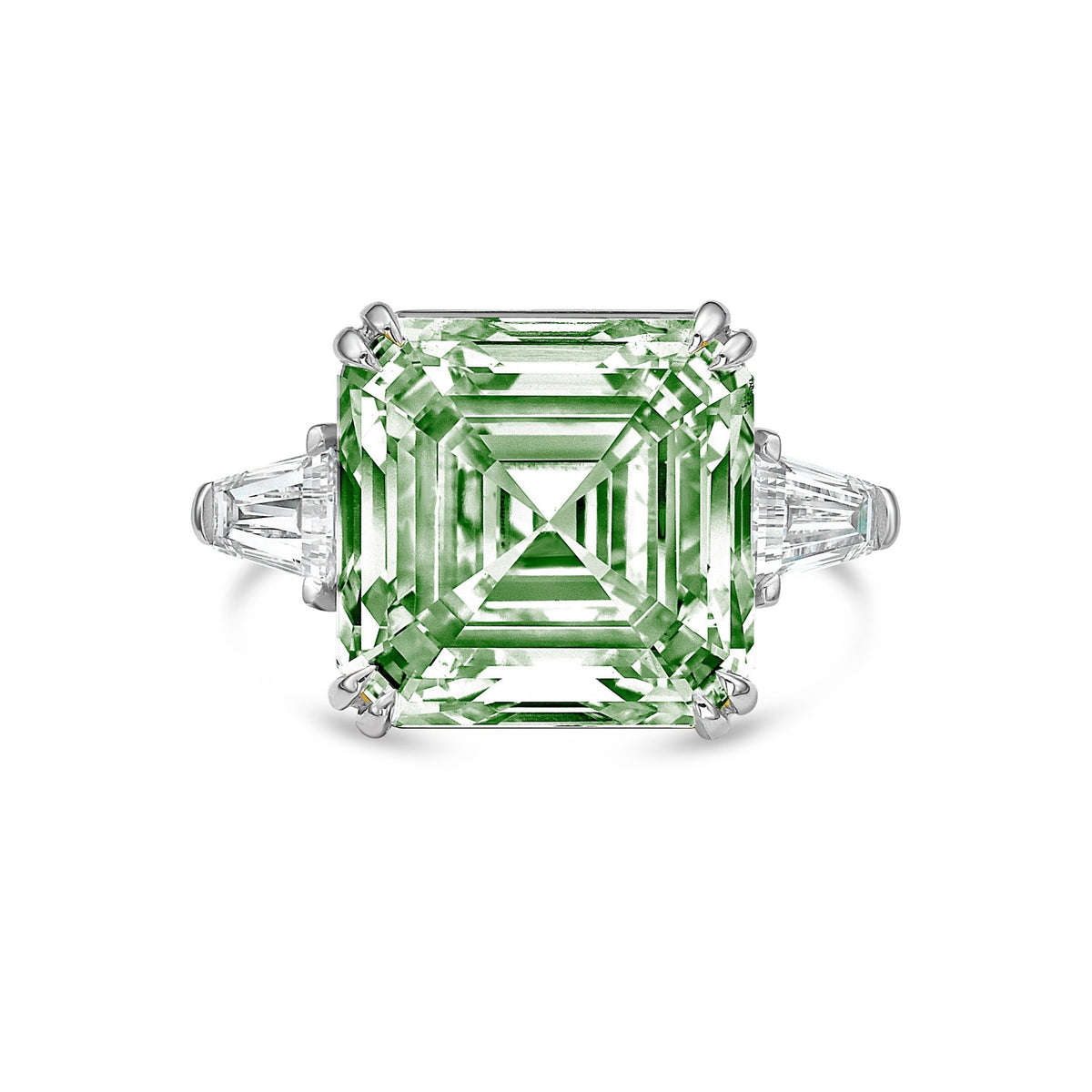 Lab-Grown Green Asscher Diamond Ring with Baguettes in 14K White Gold