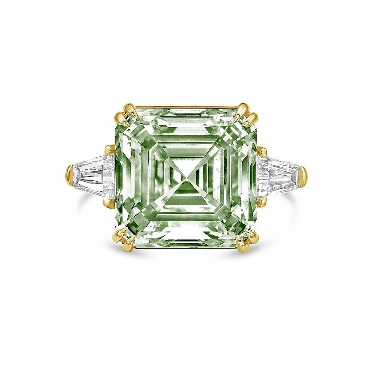 Lab-Grown Green Asscher Diamond Ring with Baguettes in 14K Yellow Gold