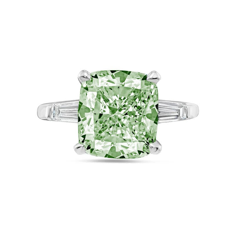 Lab-Grown Green Cushion Diamond Ring with Baguettes in 14K White Gold
