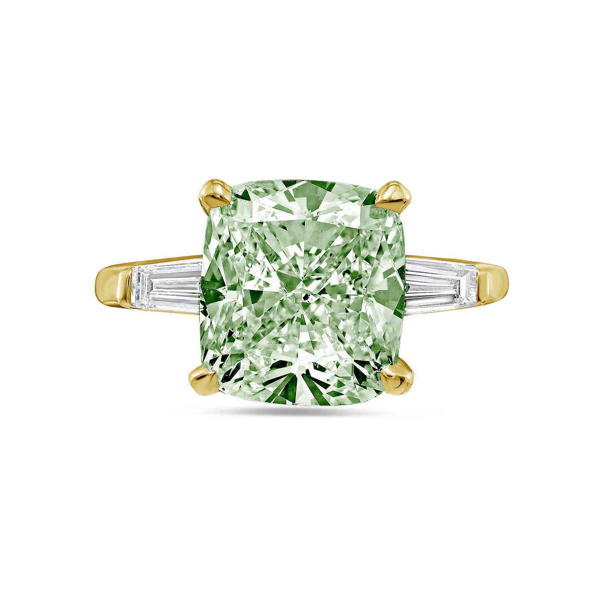 Lab-Grown Green Cushion Diamond Ring with Baguettes in 14K Yellow Gold