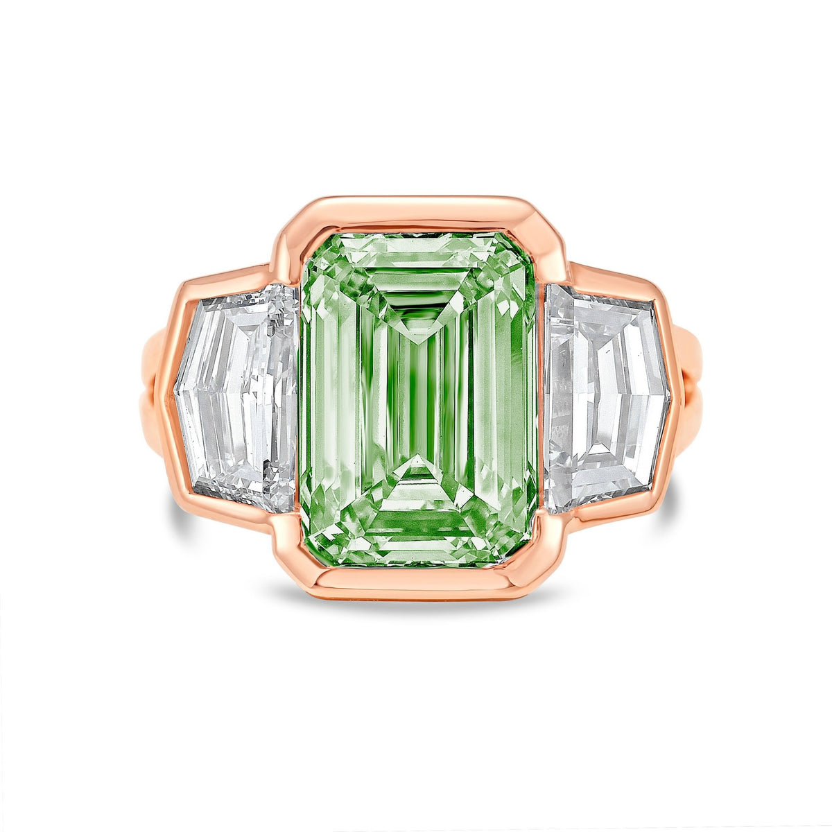 Lab-Grown Green Emerald Cut Bezel Ring with Cadillac Sides and Split Shank in 14K Rose Gold