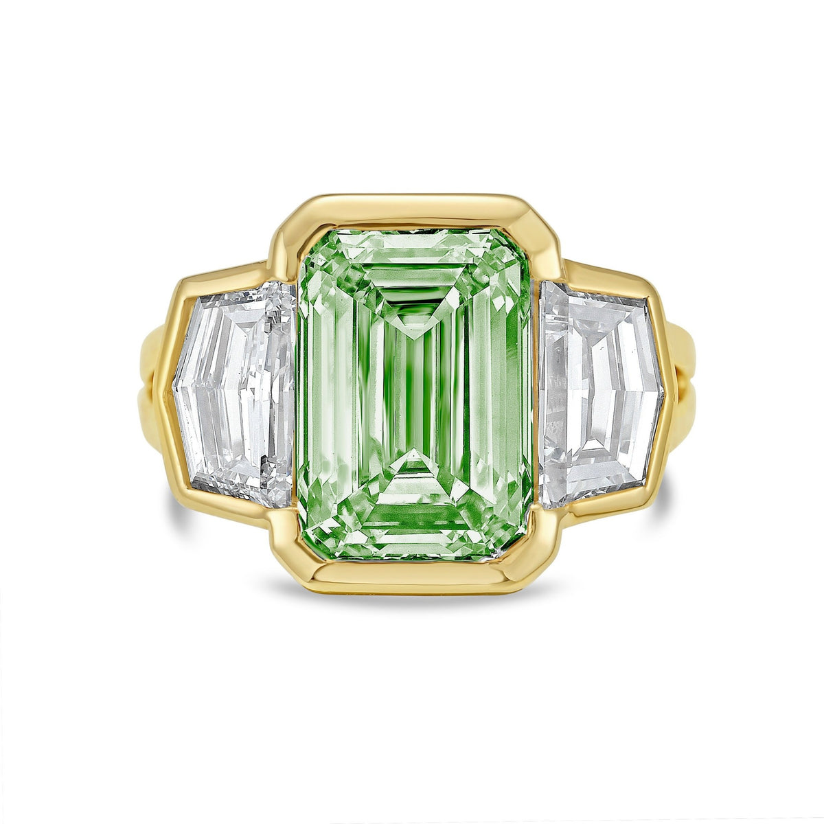 Lab-Grown Green Emerald Cut Bezel Ring with Cadillac Sides and Split Shank in 14K Yellow Gold