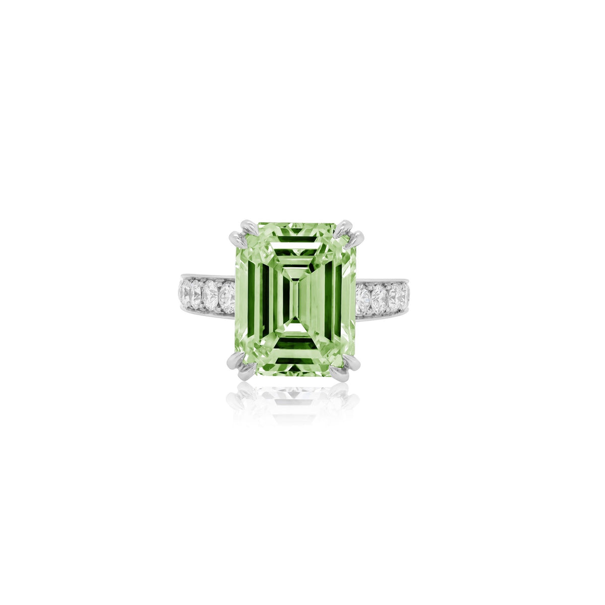 Lab-Grown Green Emerald Cut Diamond Engagement Ring with Diamond Accented Band in 14K White Gold