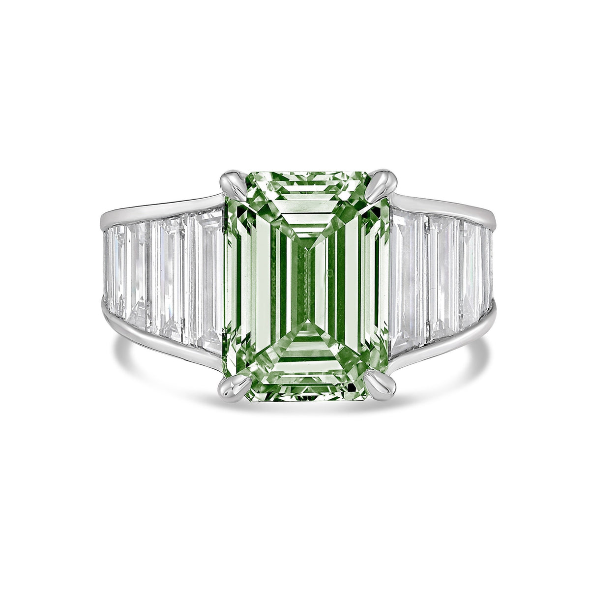 Lab-Grown Green Emerald Cut Diamond Ring with Baguette Side Stones in 14K White Gold