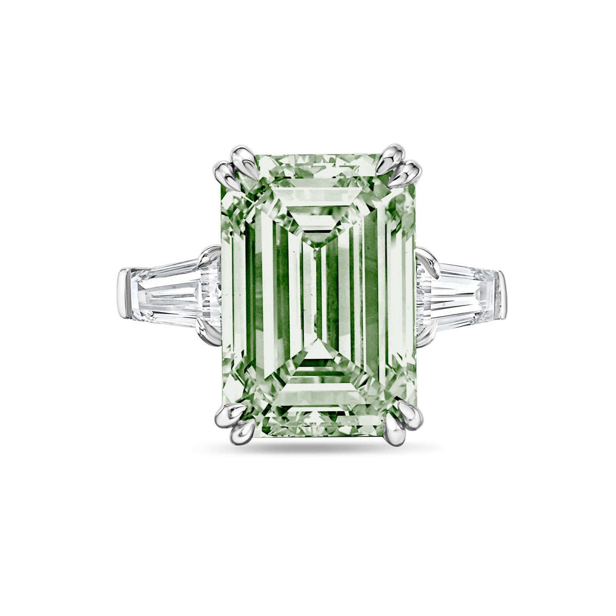 Lab-Grown Green Emerald Cut Diamond Ring with Baguettes, Double Claw in 14K White Gold