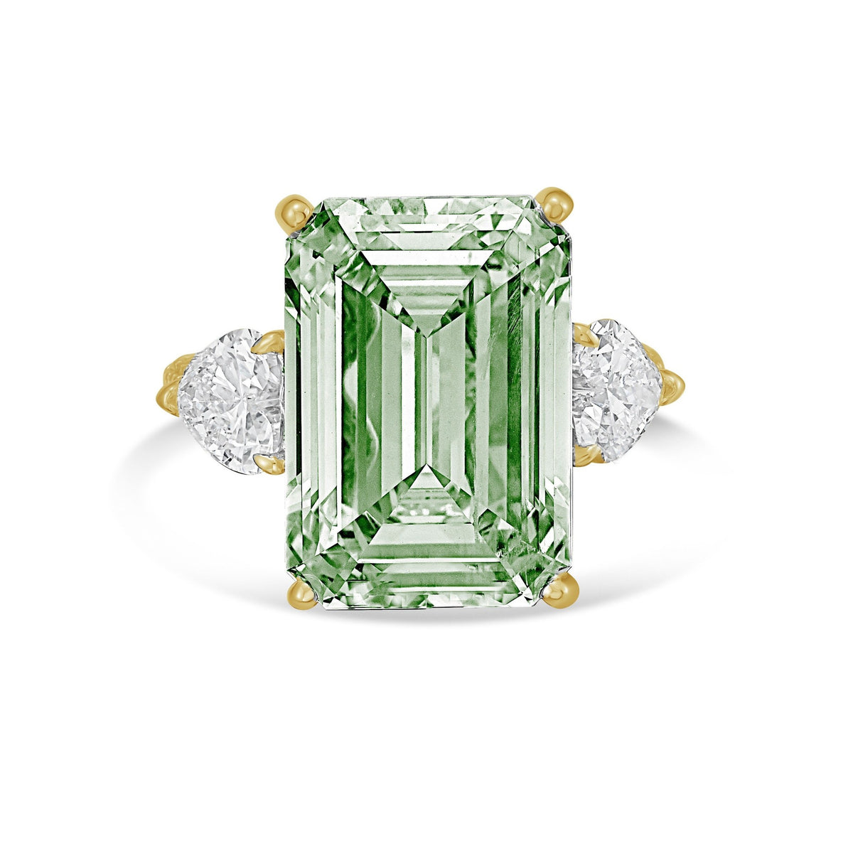 Lab-Grown Green Emerald Cut Diamond Ring with Heart Sides and Pavé Band in 14K Rose Gold