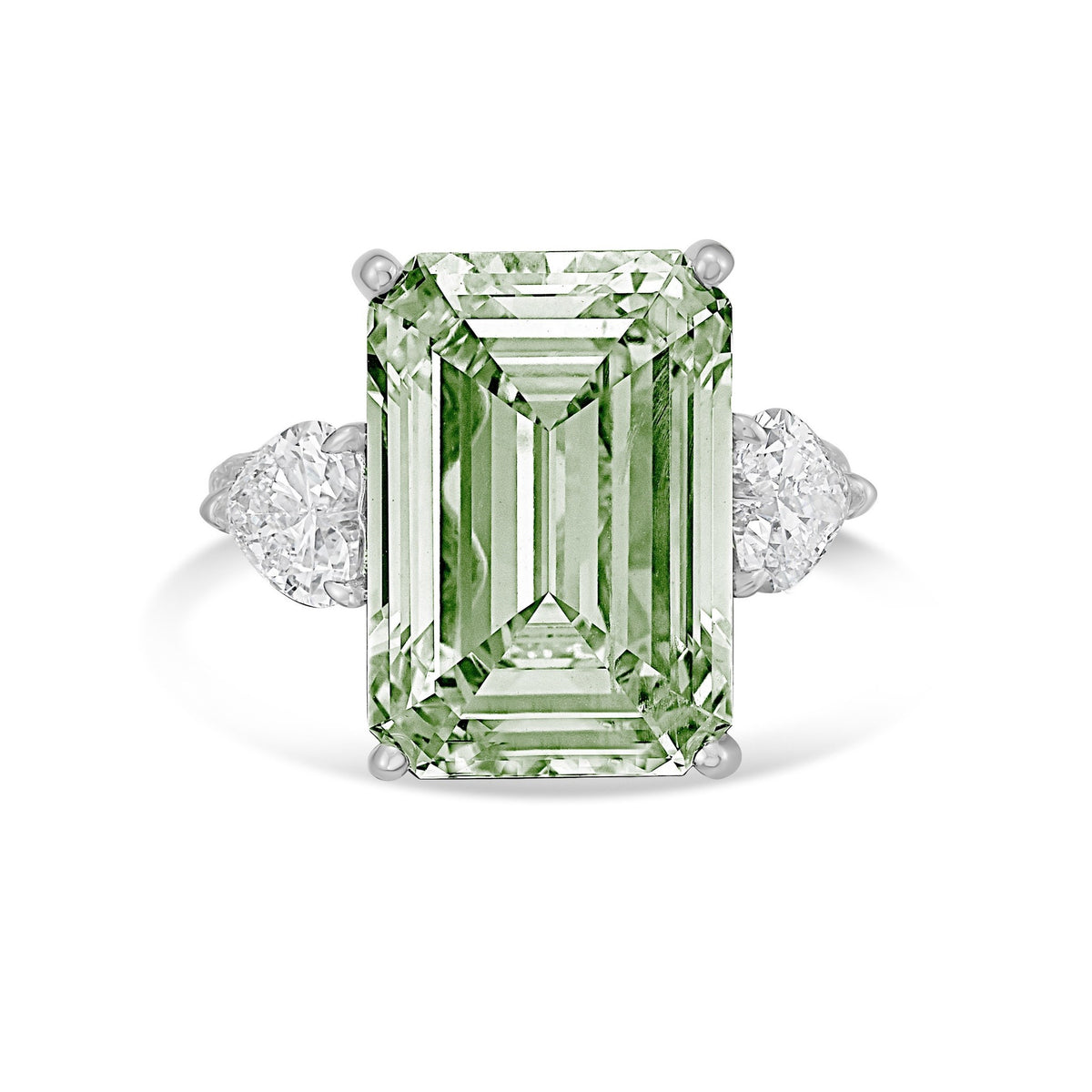 Lab-Grown Green Emerald Cut Diamond Ring with Heart Sides and Pavé Band in 14K White Gold