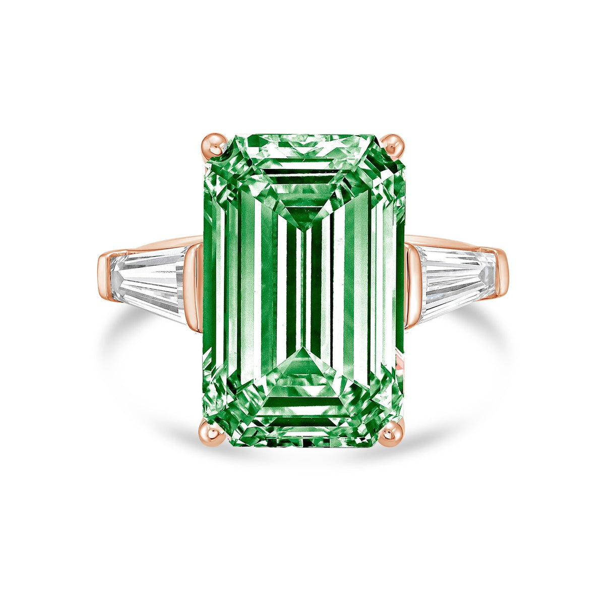 Lab-Grown Green Emerald Cut Diamond Ring with Long Baguettes in 14K Rose Gold