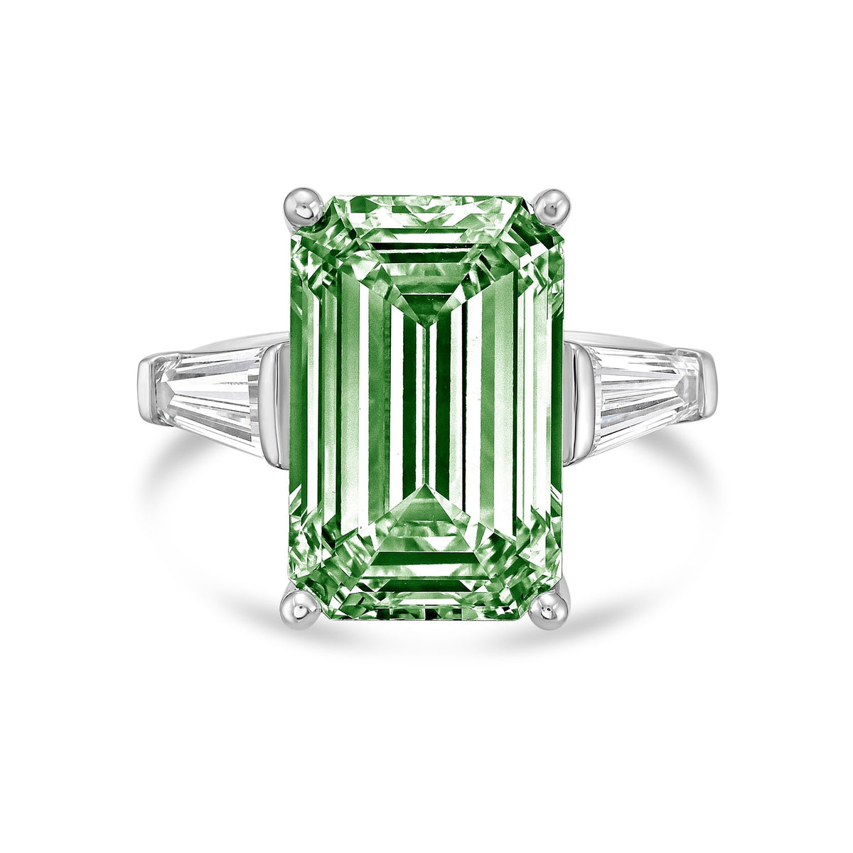 Lab-Grown Green Emerald Cut Diamond Ring with Long Baguettes in 14K White Gold