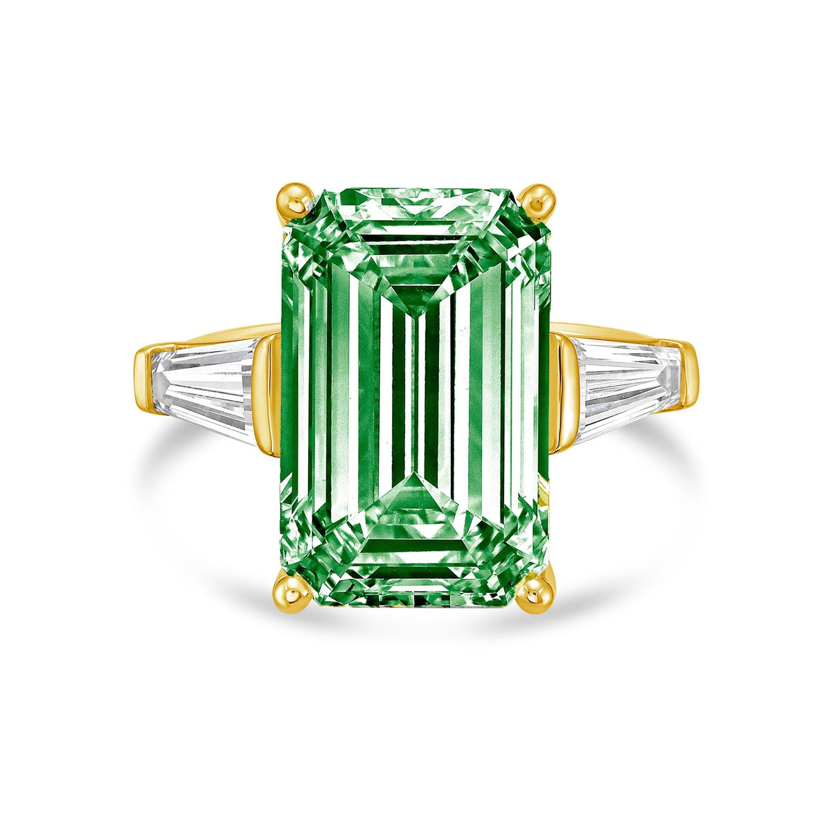 Lab-Grown Green Emerald Cut Diamond Ring with Long Baguettes in 14K Yellow Gold