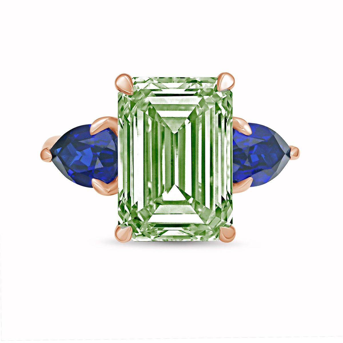Lab-Grown Green Emerald Cut Diamond Ring with Pear Sapphire Sides in 14K Rose Gold