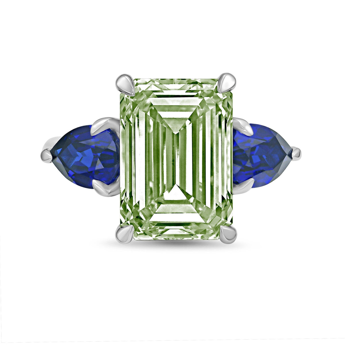 Lab-Grown Green Emerald Cut Diamond Ring with Pear Sapphire Sides in 14K White Gold