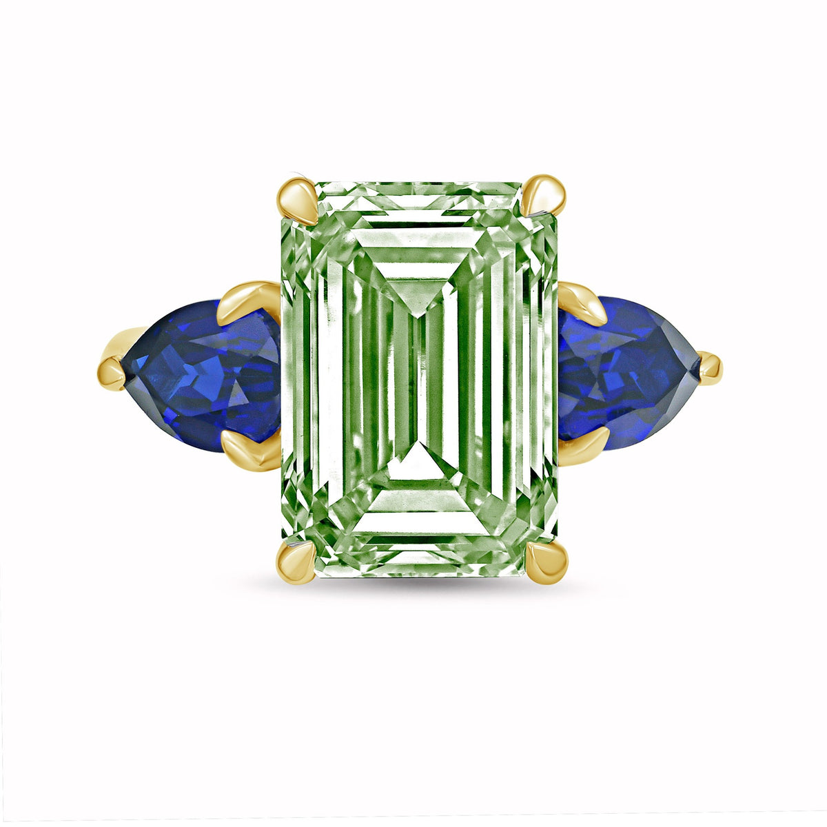 Lab-Grown Green Emerald Cut Diamond Ring with Pear Sapphire Sides in 14K Yellow Gold