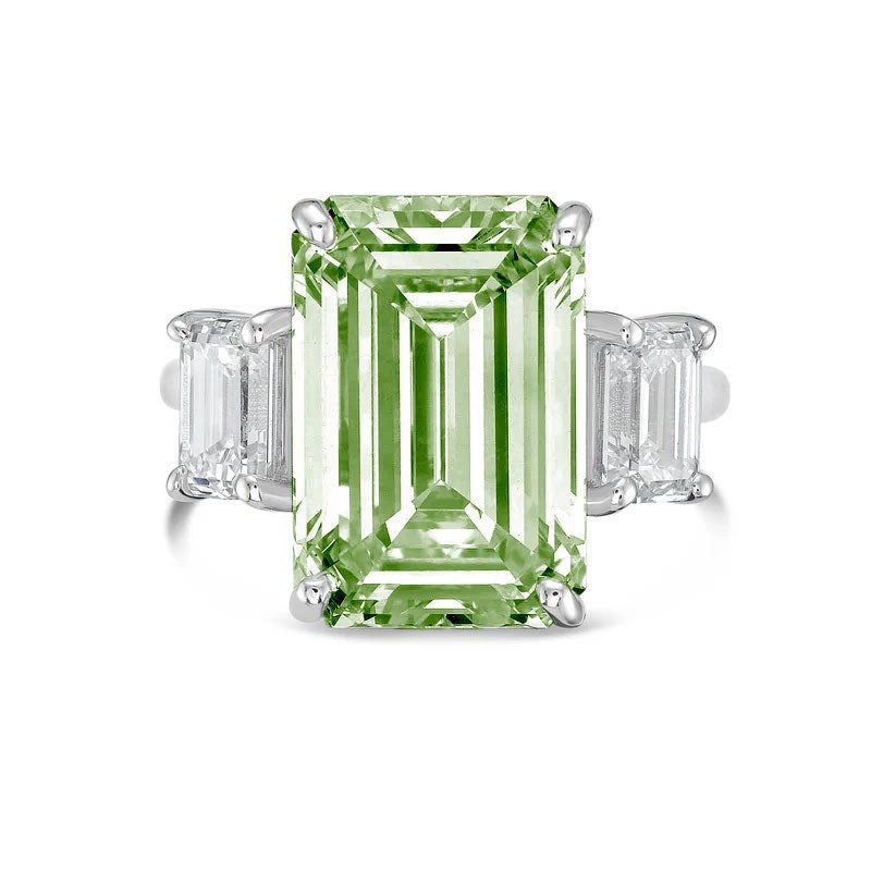 Lab-Grown Green Emerald Cut Three Stone Ring in 14K White Gold