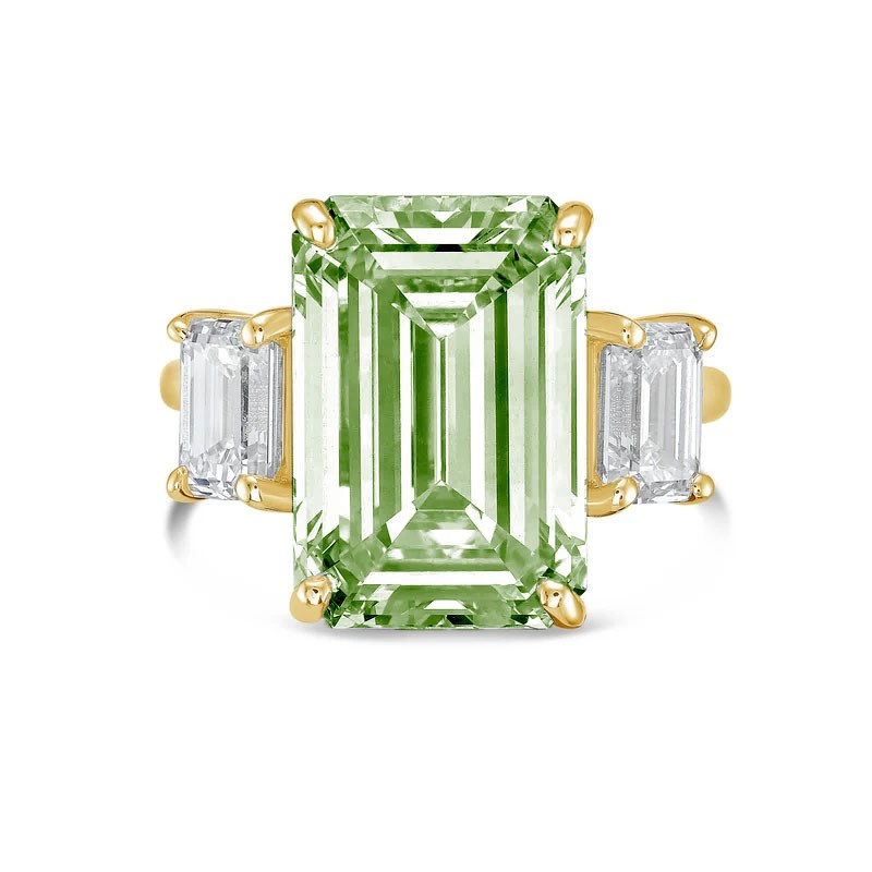 Lab-Grown Green Emerald Cut Three Stone Ring in 14K Yellow Gold