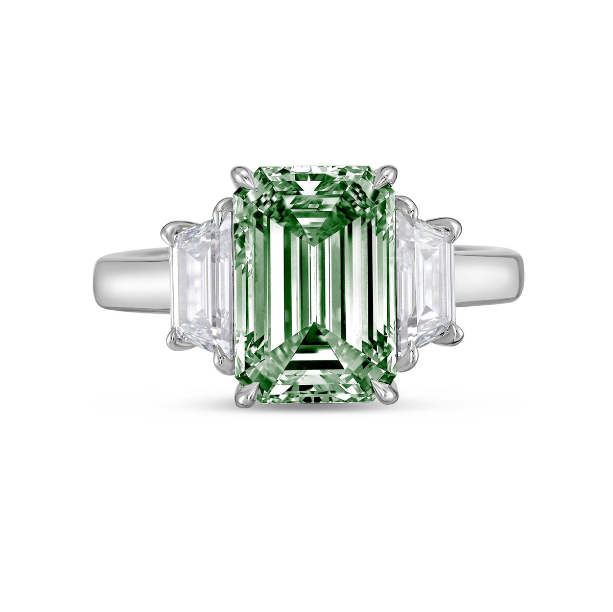Lab-Grown Green Emerald Cut Three-Stone Ring with Trapezoids in 14K White Gold