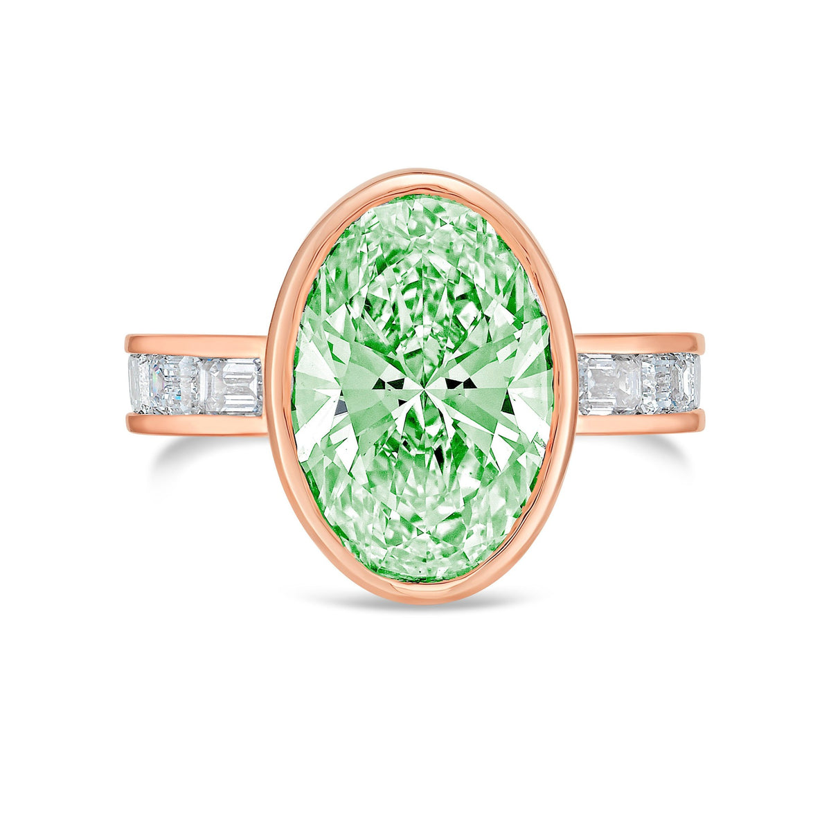 Lab-Grown Green Oval Bezel Diamond Ring with Channel-Set Emerald Band in 14K Rose Gold