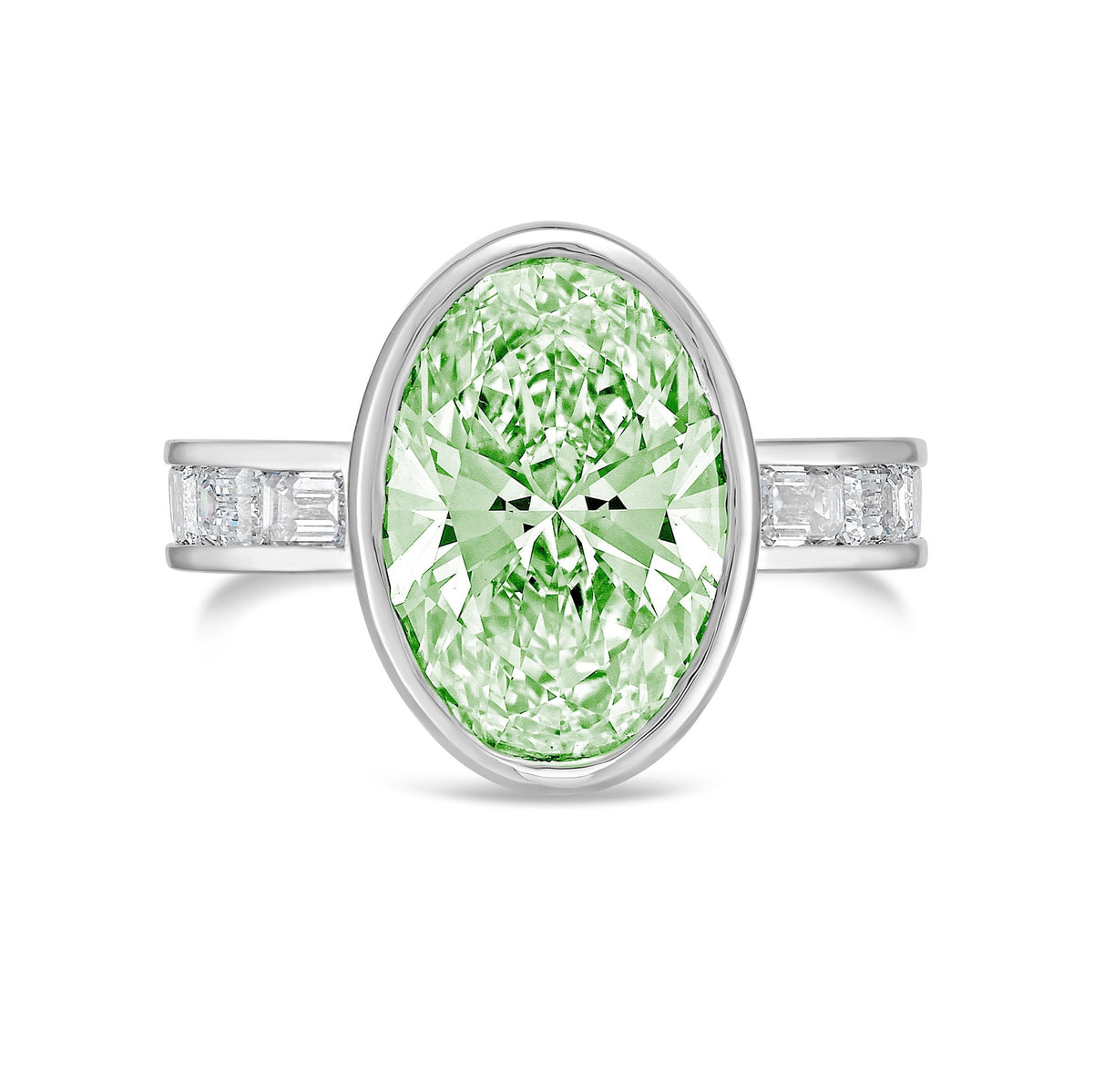 Lab-Grown Green Oval Bezel Diamond Ring with Channel-Set Emerald Band in 14K White Gold