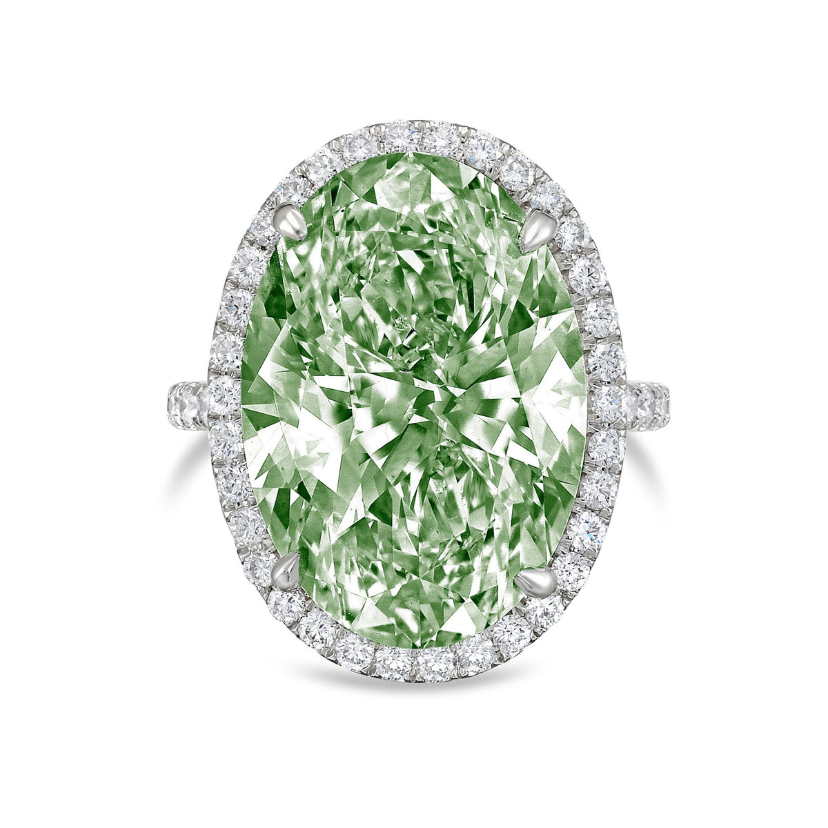 Lab-Grown Green Oval Diamond Halo Ring with Micropavé Band in 14K White Gold