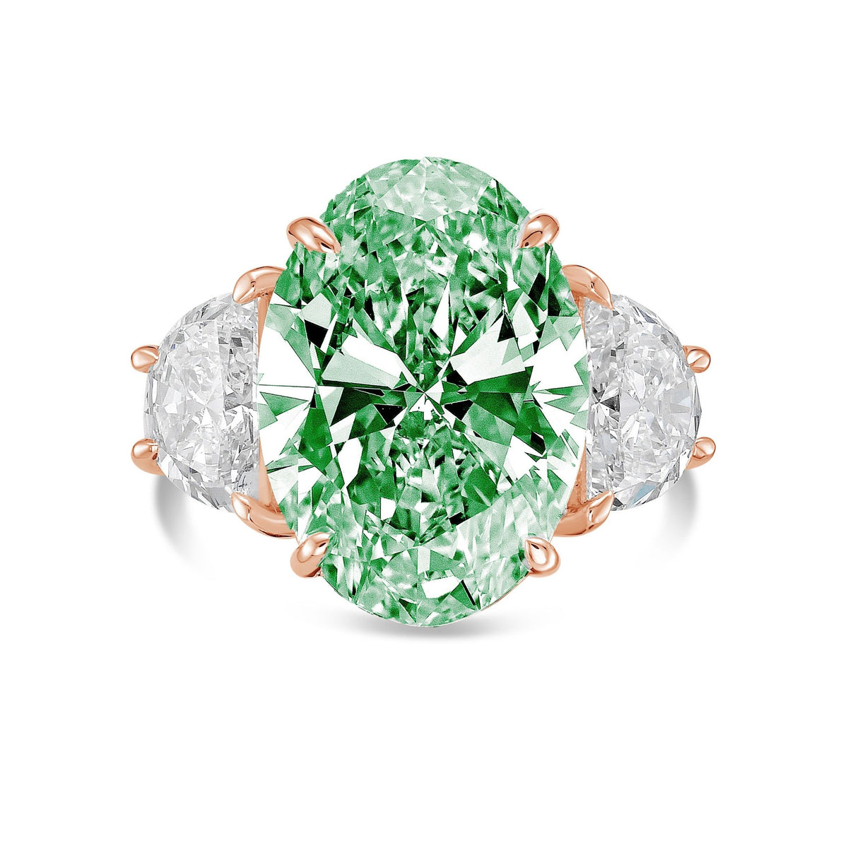Lab-Grown Green Oval Diamond Ring with Half Moon Sides in 14K Rose Gold