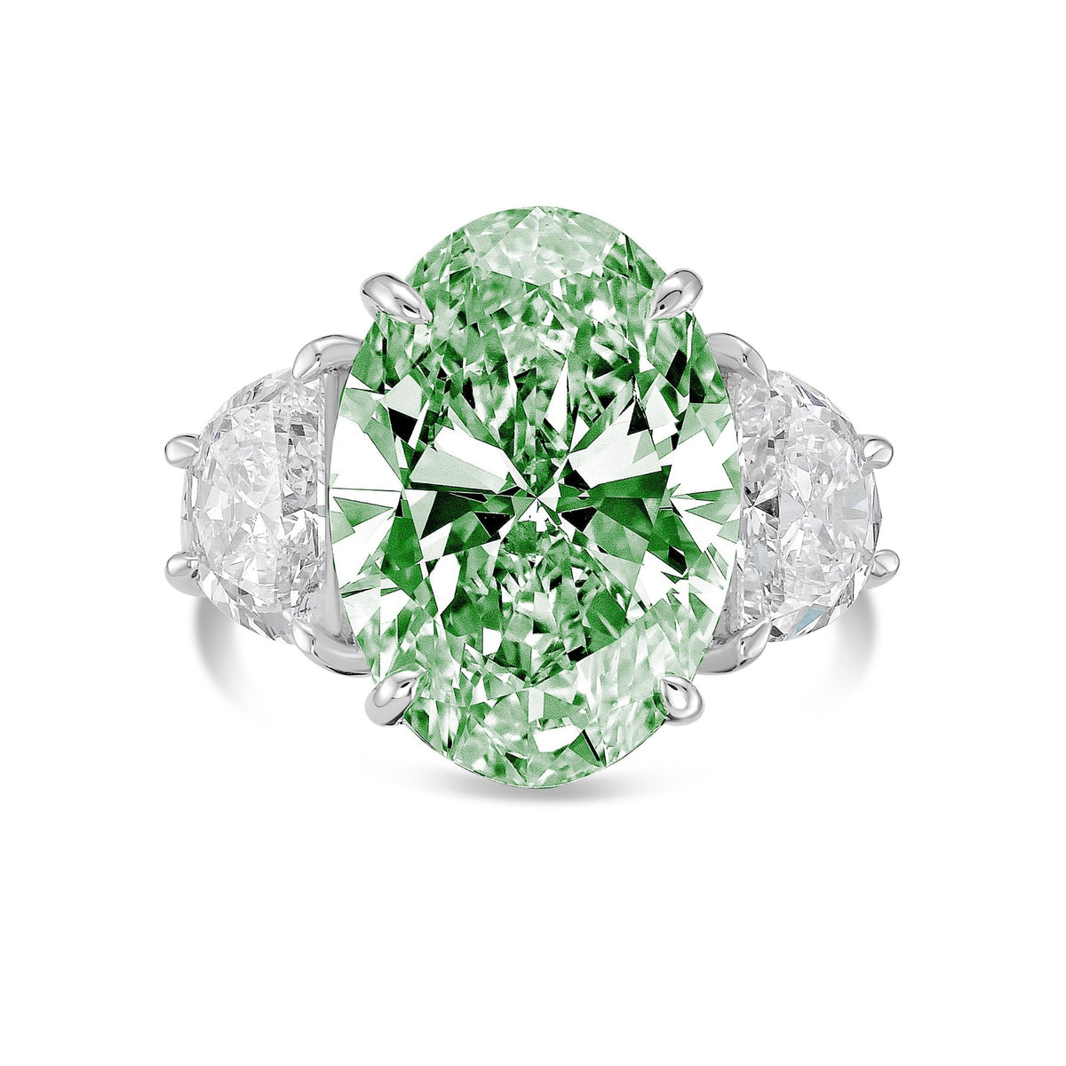 Lab-Grown Green Oval Diamond Ring with Half Moon Sides in 14K White Gold