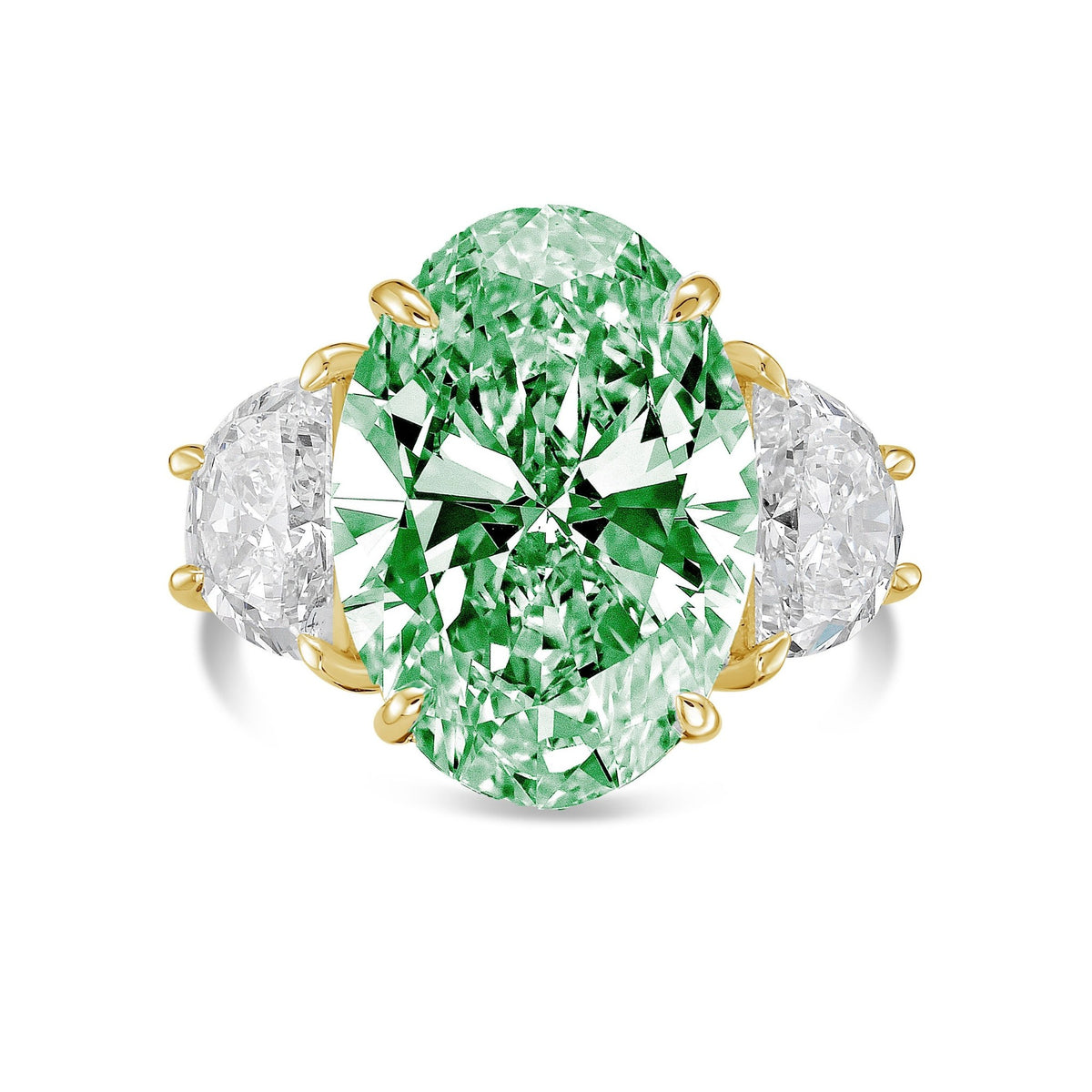 Lab-Grown Green Oval Diamond Ring with Half Moon Sides in 14K Yellow Gold