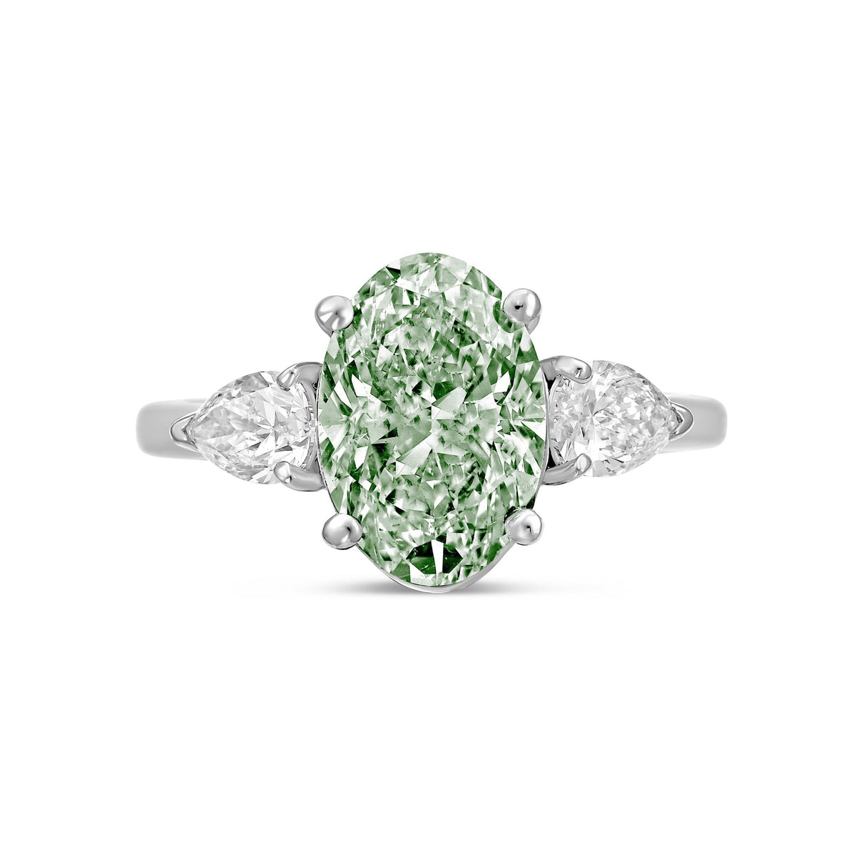 Lab-Grown Green Oval Diamond Ring with Pear Sides in 14K White Gold