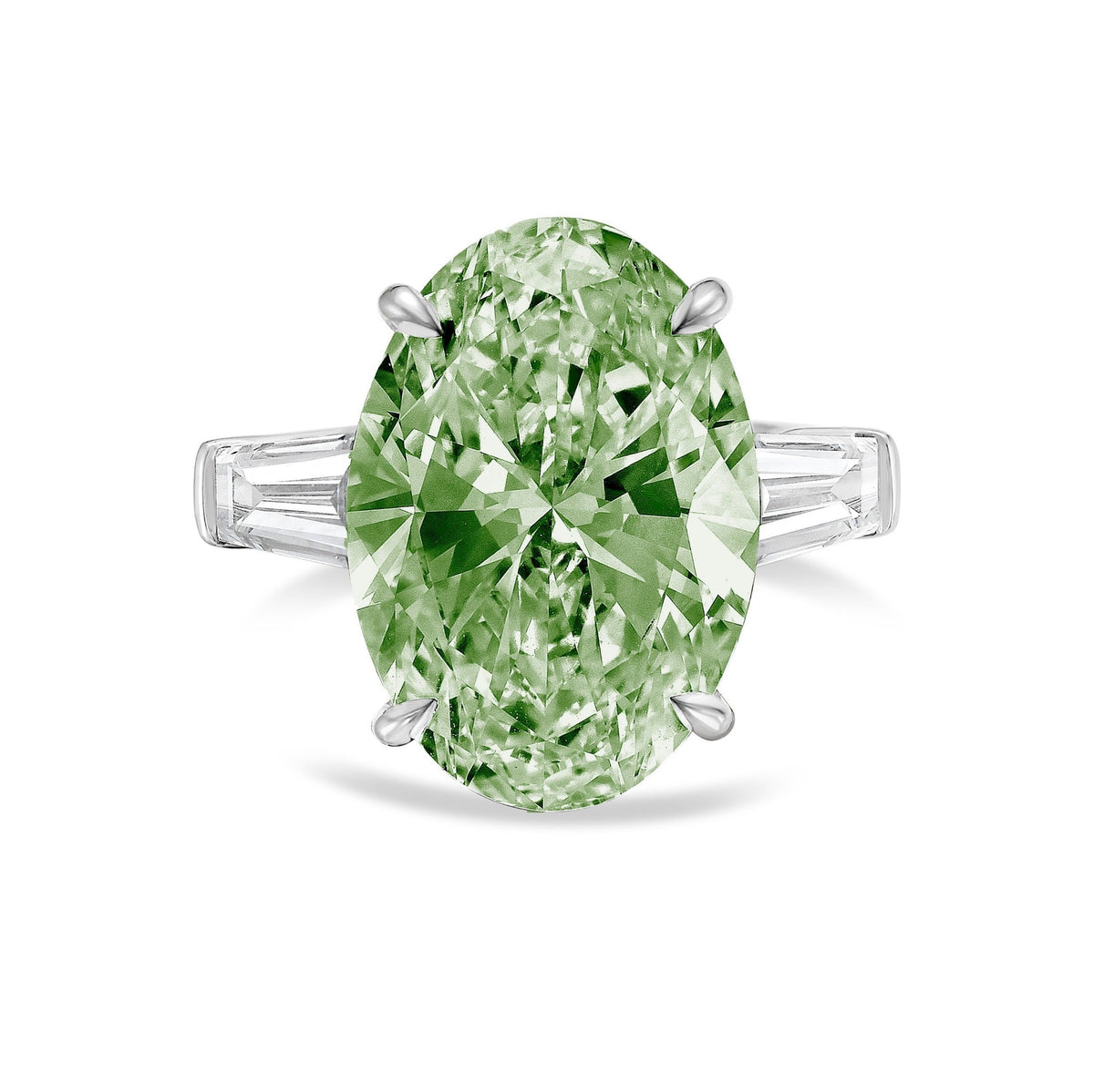 Lab-Grown Green Oval Diamond Ring with Tapered Baguettes in 14K White Gold