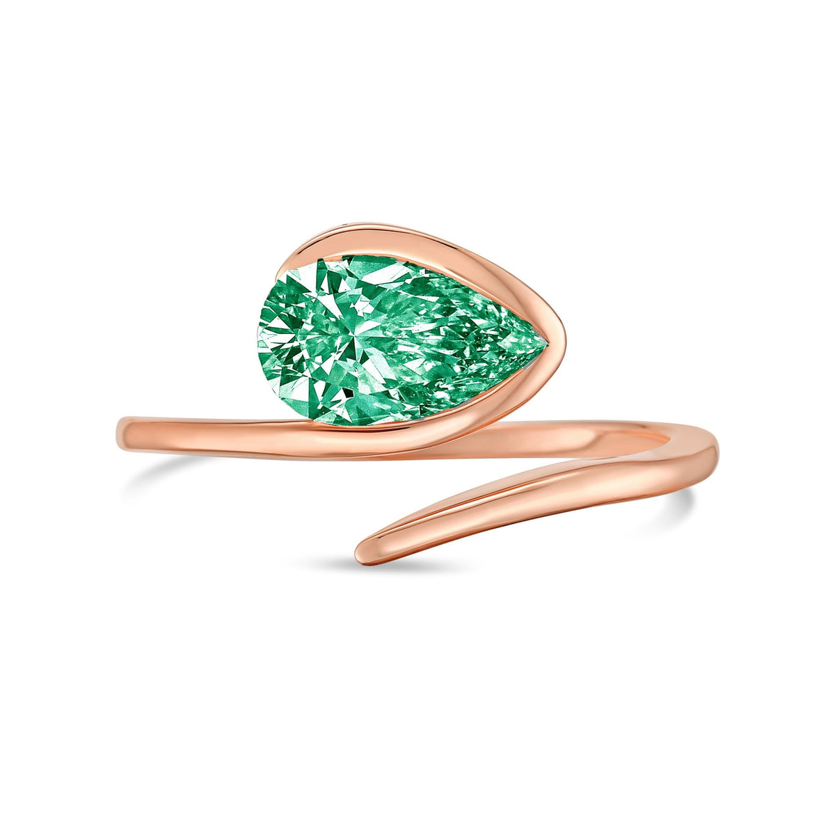 Lab-Grown Green Pear Diamond Bypass Ring with Open Band in 14K Rose Gold