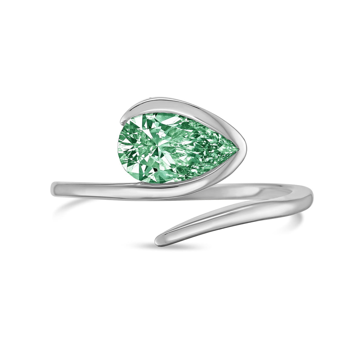Lab-Grown Green Pear Diamond Bypass Ring with Open Band in 14K White Gold