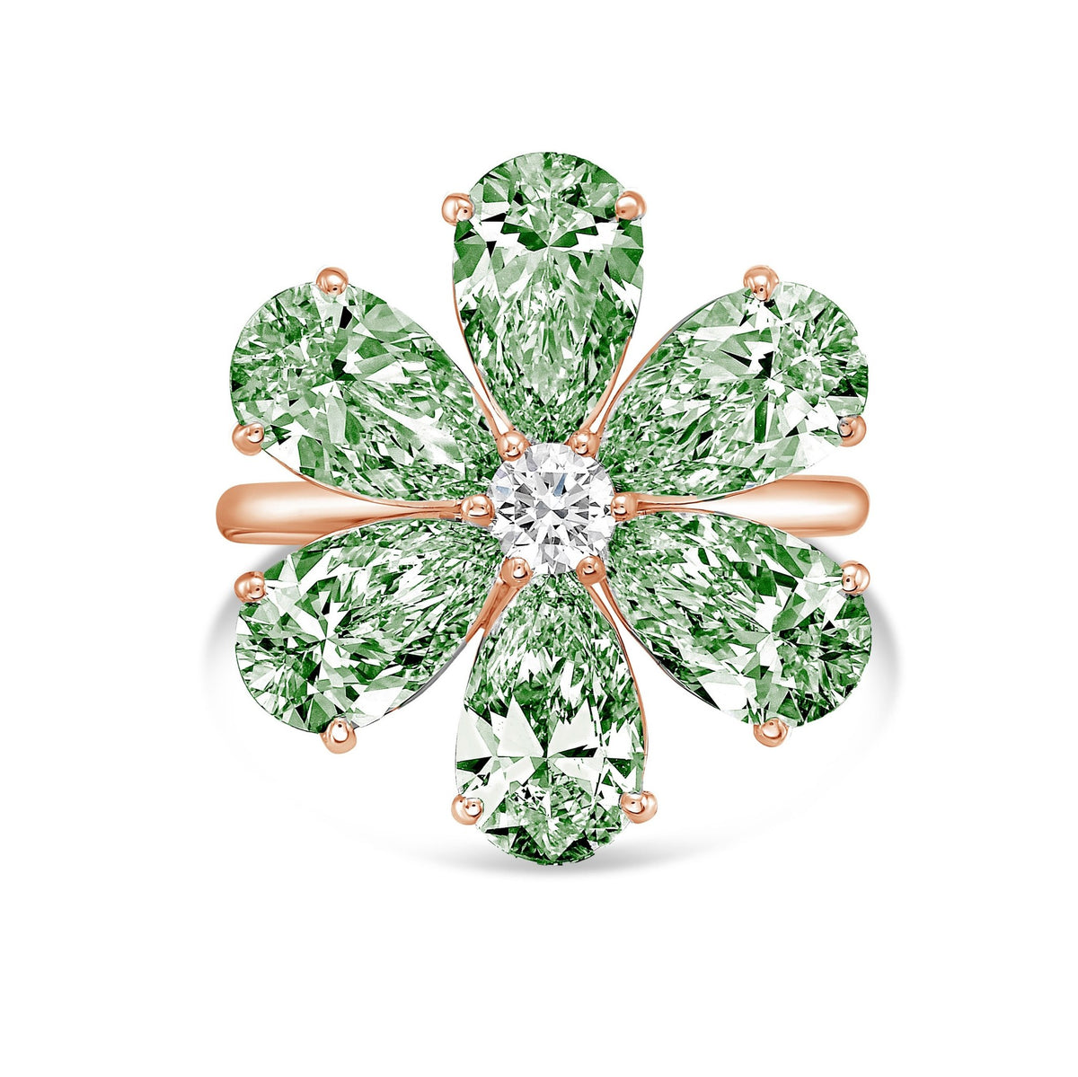 Lab-Grown Green Pear Diamond Flower Ring in 14K Rose Gold