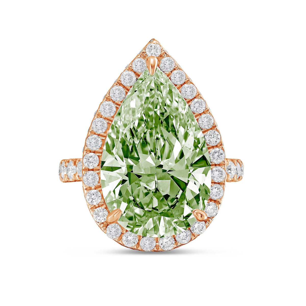 Lab-Grown Green Pear Diamond Halo Ring with Micropavé Band in 14K Rose Gold