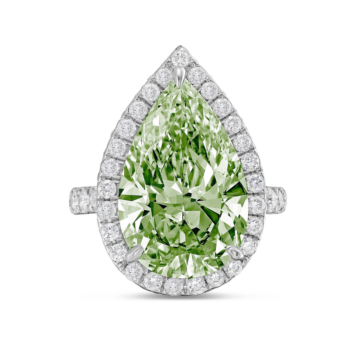 Lab-Grown Green Pear Diamond Halo Ring with Micropavé Band in 14K White Gold