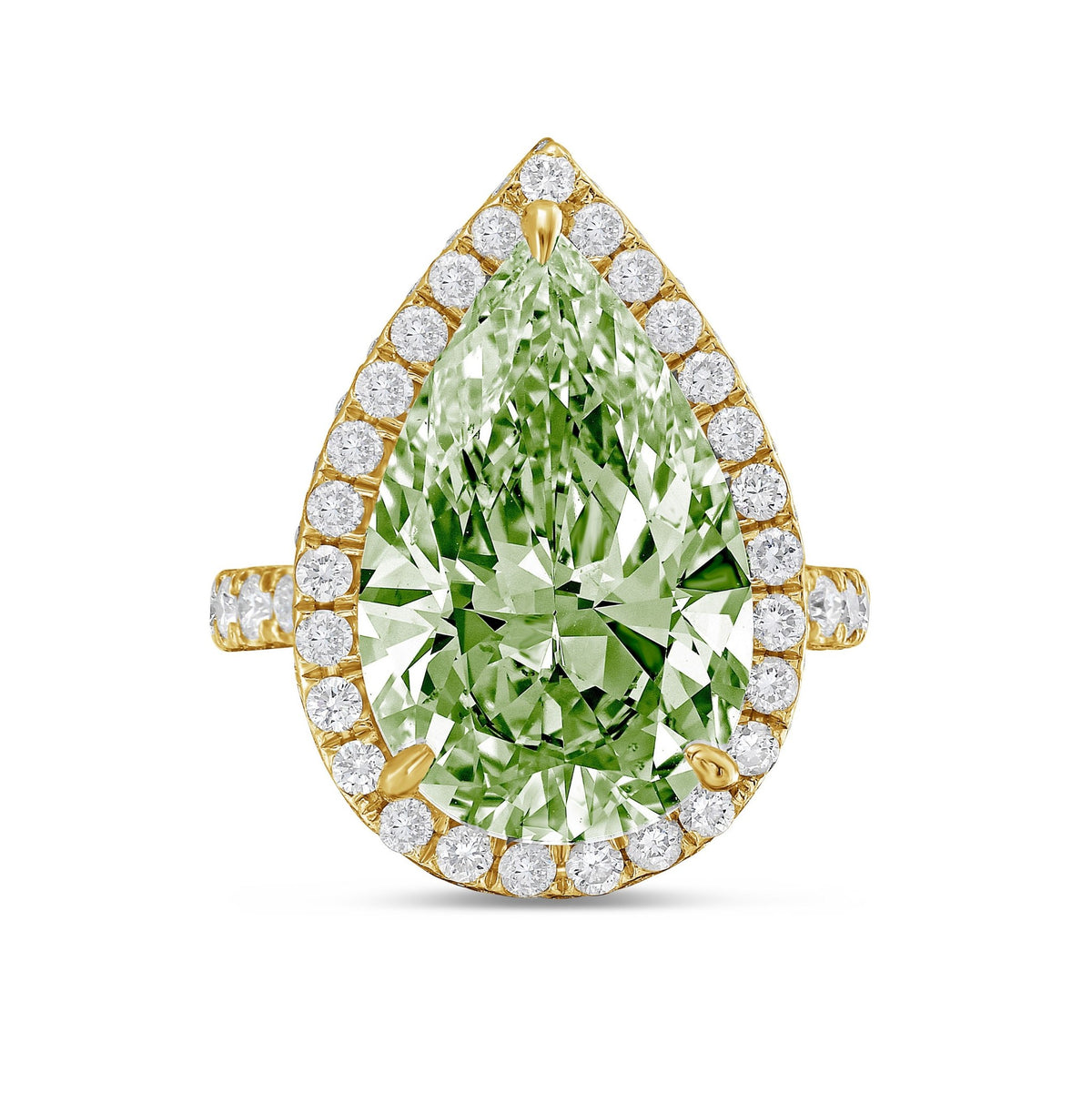 Lab-Grown Green Pear Diamond Halo Ring with Micropavé Band in 14K Yellow Gold