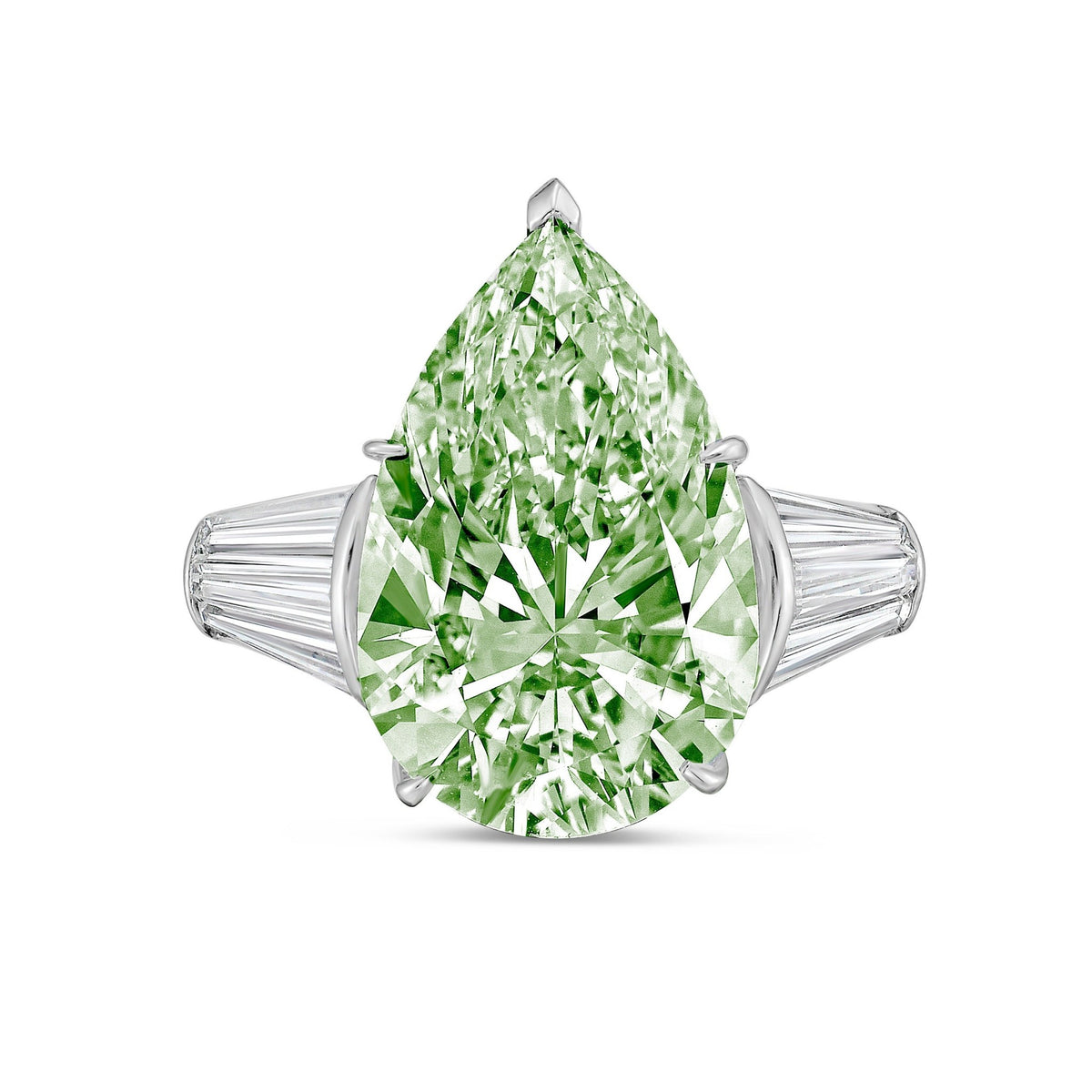 Lab-Grown Green Pear Diamond Ring with Two Baguettes in 14K White Gold