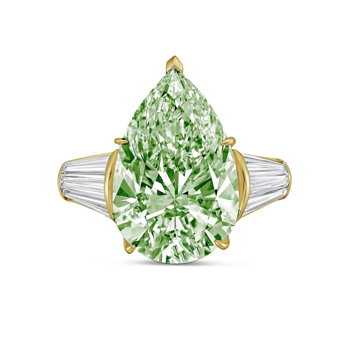 Lab-Grown Green Pear Diamond Ring with Two Baguettes in 14K Yellow Gold