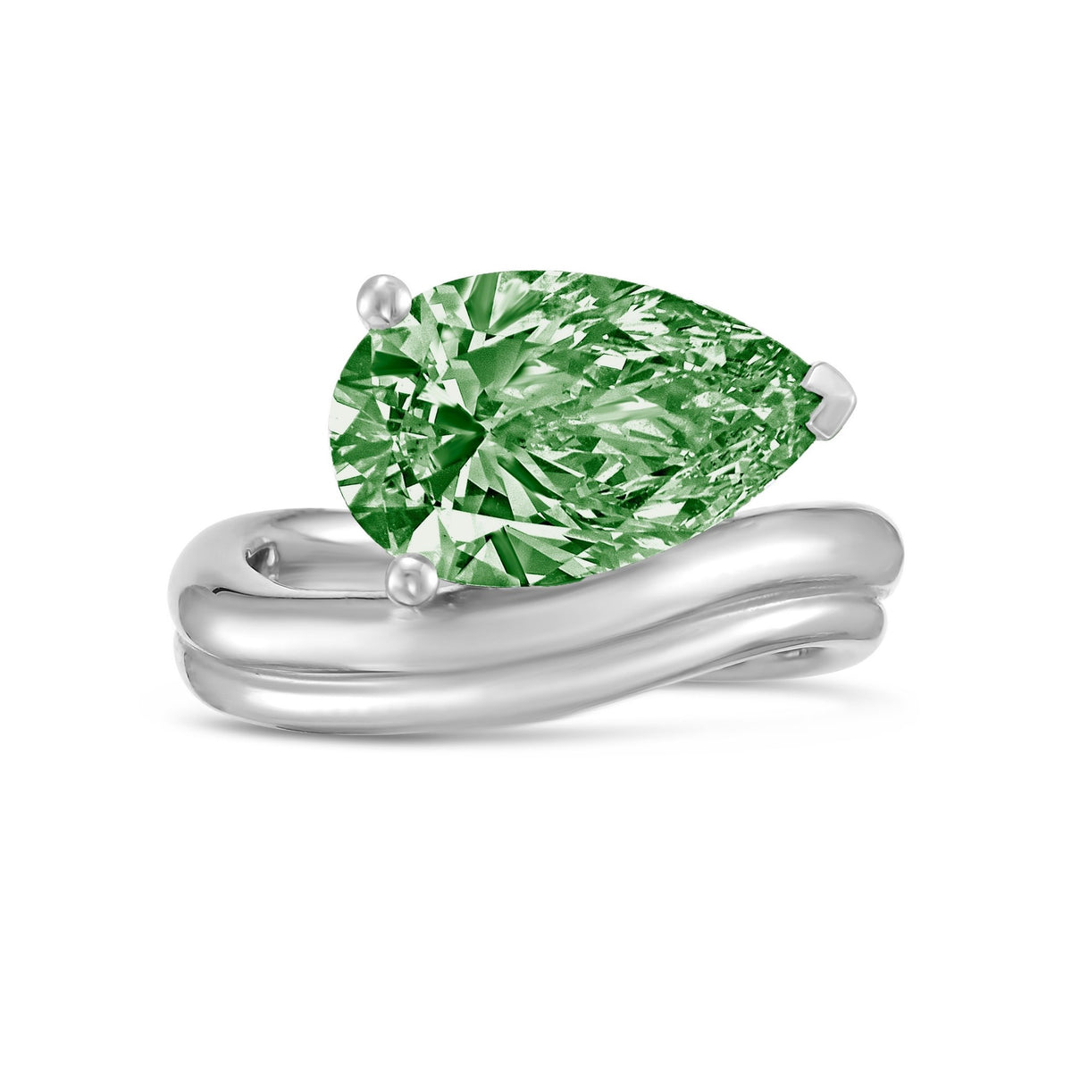 Lab-Grown Green Pear Diamond Ring with Wavy Band in 14K White Gold