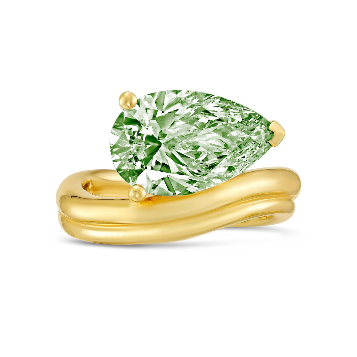 Lab-Grown Green Pear Diamond Ring with Wavy Band in 14K Yellow Gold