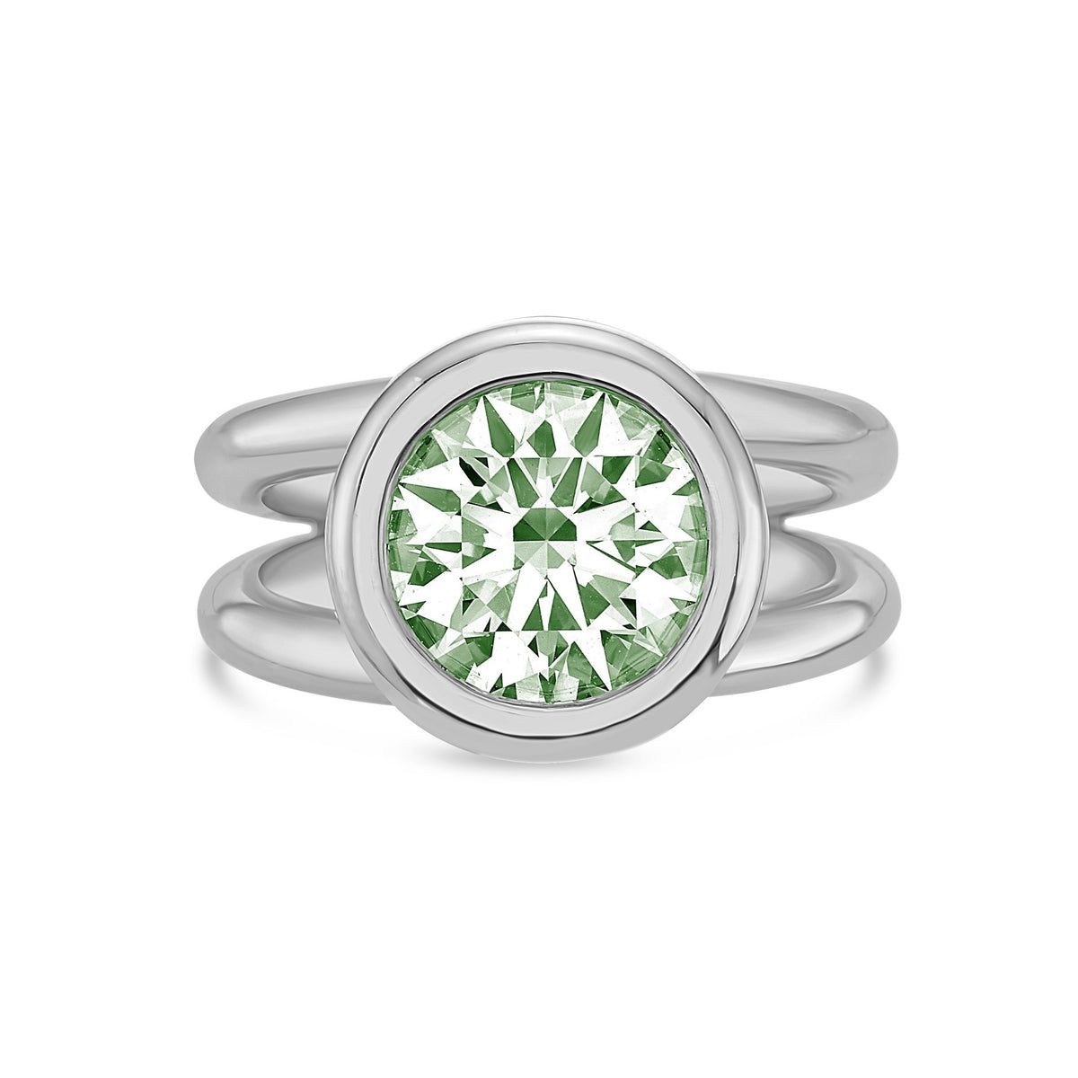 Lab-Grown Green Round Diamond Bezel Ring with Split Shank in 14K White Gold