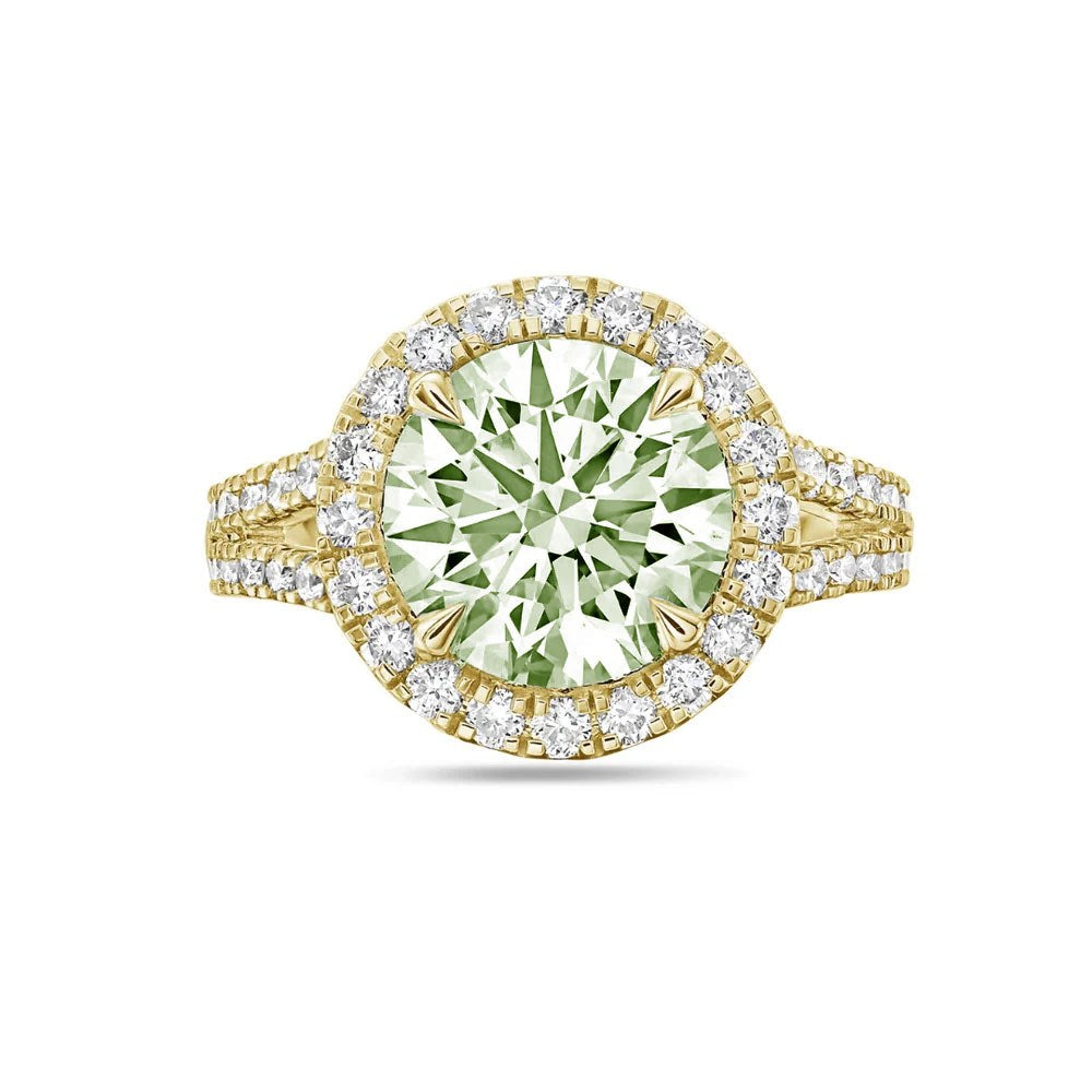 Lab-Grown Green Round Diamond Halo Split Shank Engagement Ring in 14K Yellow Gold