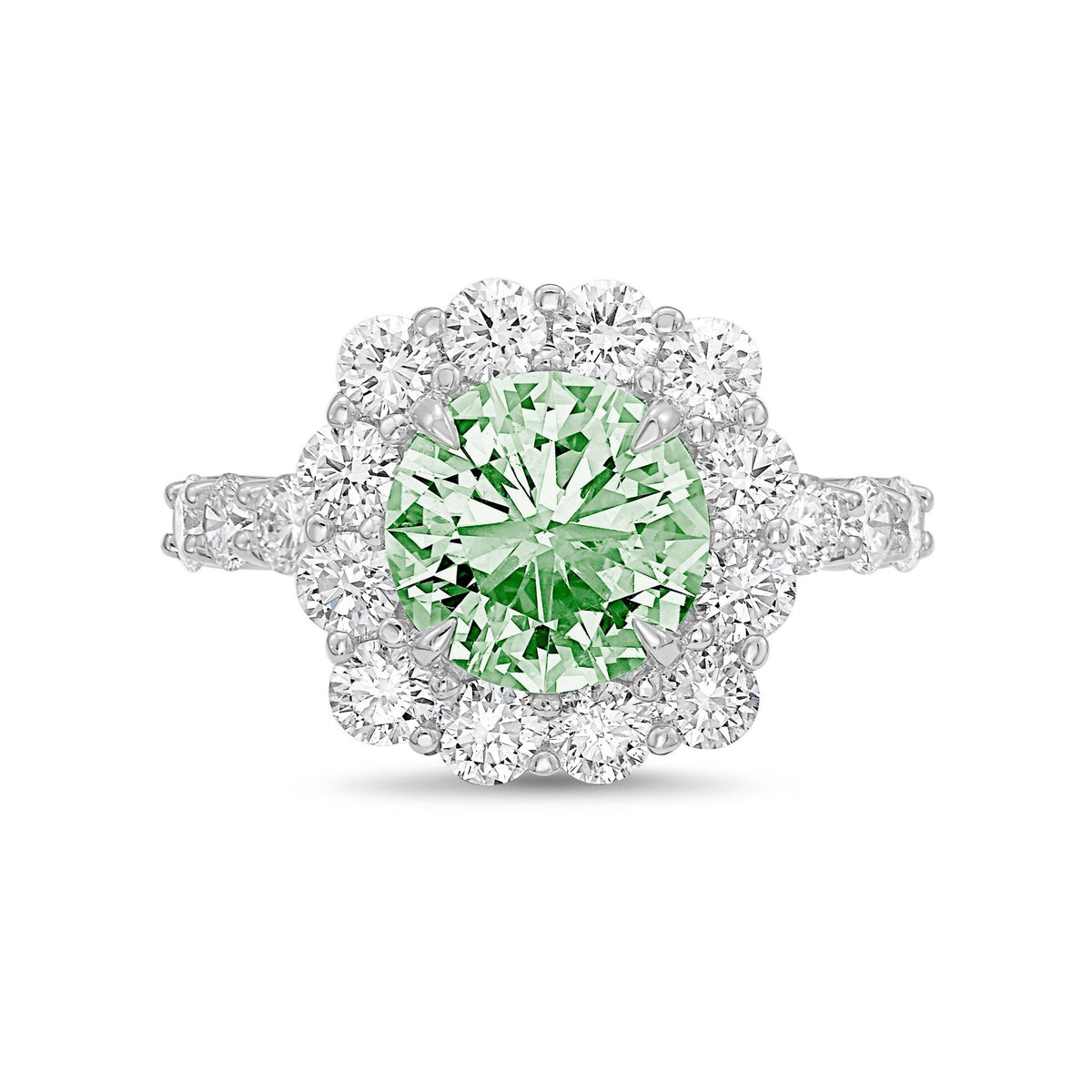 Lab-Grown Green Round Diamond Ring with Accent Halo and Diamond Band in 14K White Gold