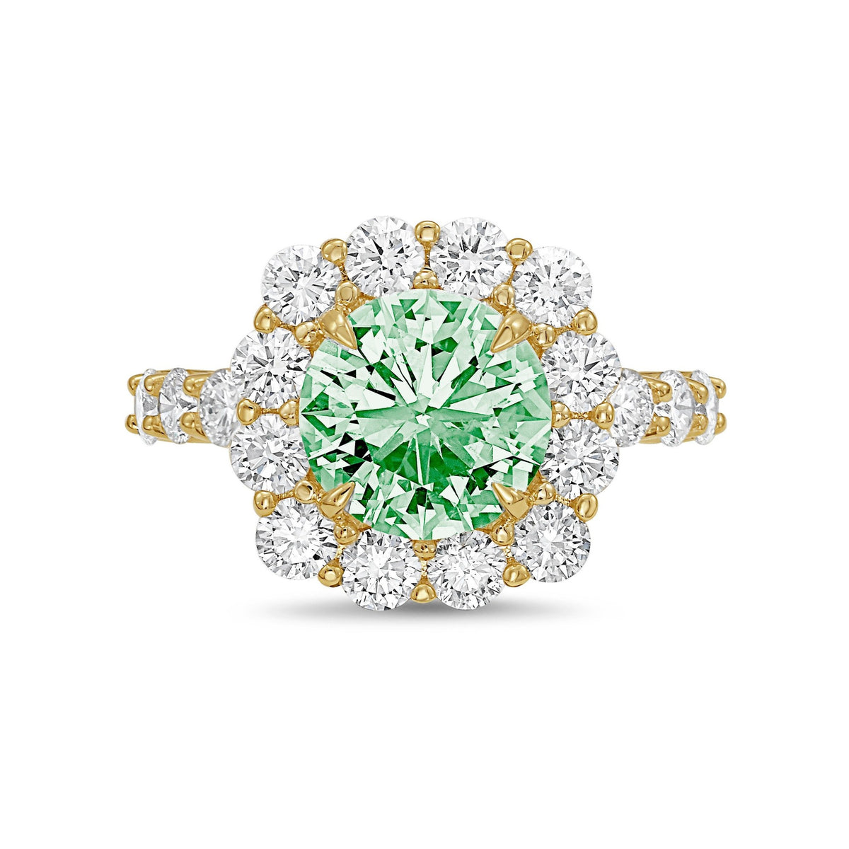 Lab-Grown Green Round Diamond Ring with Accent Halo and Diamond Band in 14K Yellow Gold