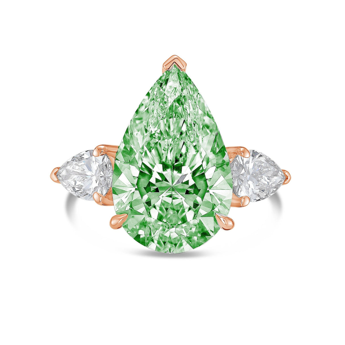 Lab-Grown Green Three-Stone Pear Diamond Engagement Ring in 14K Rose Gold